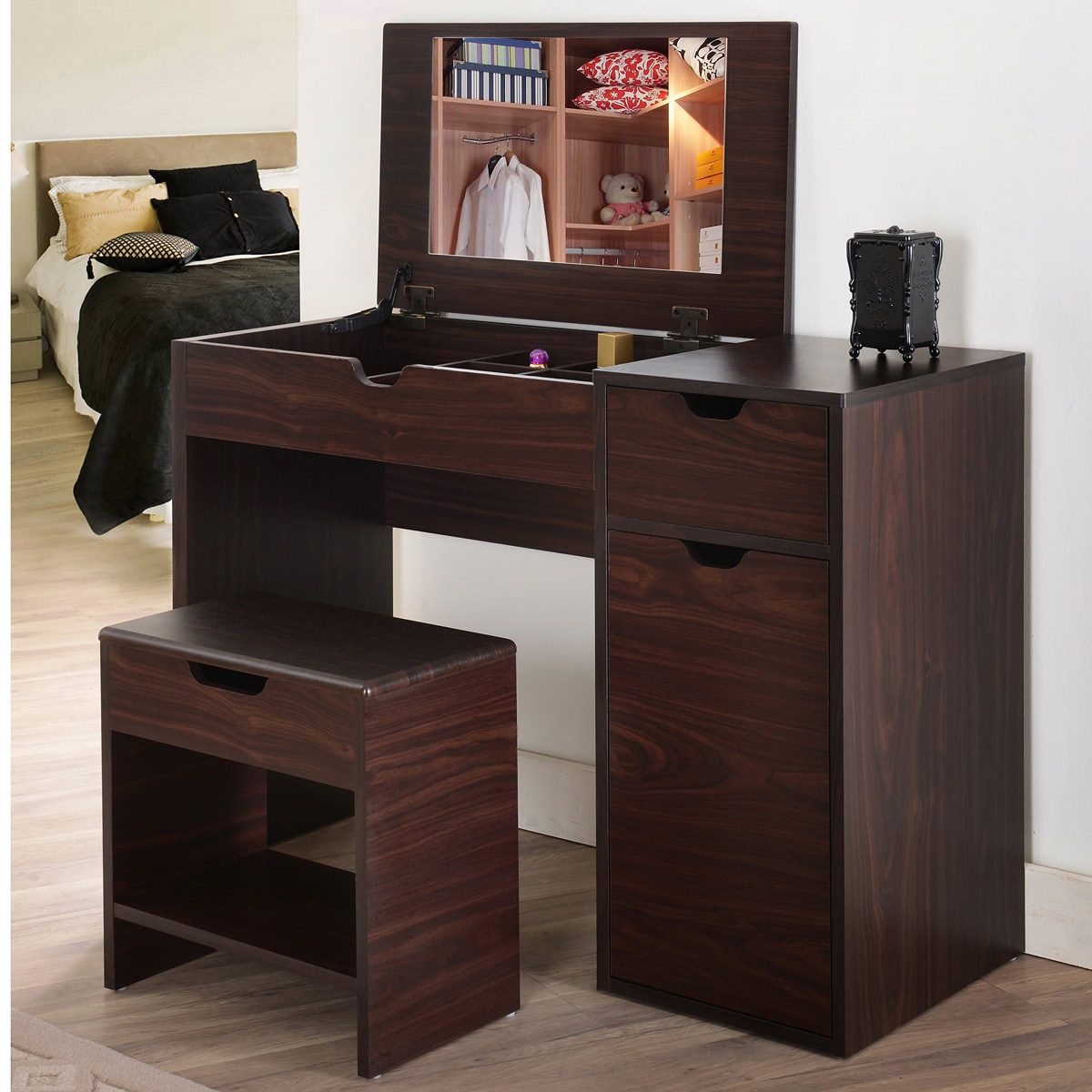 Furniture Of America Laurel Multi storage Vanity Table With Mirror And Stool