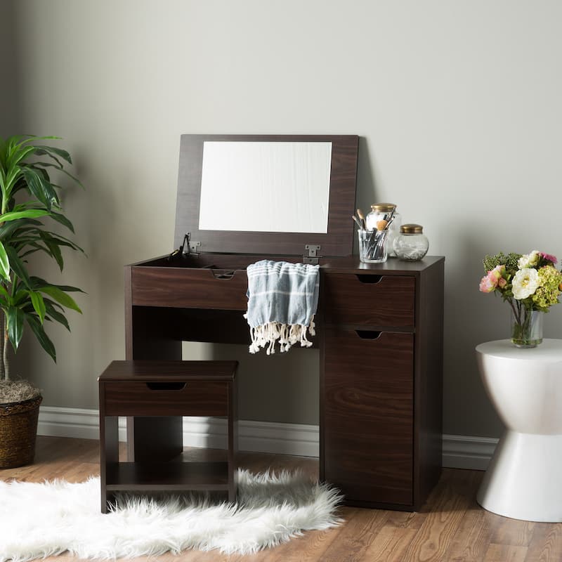 Furniture of America Laurel Transitional Walnut Flip-top 2-Piece Makeup Vanity Set with Mirrored Glass - Dark Walnut