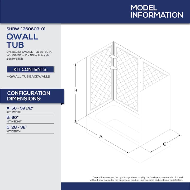 DreamLine QWALL-Tub 56-60 in. W x 28-32 in. D x 60 in. H Acrylic Backwall Kit - 28" - 32" x 56" - 60"