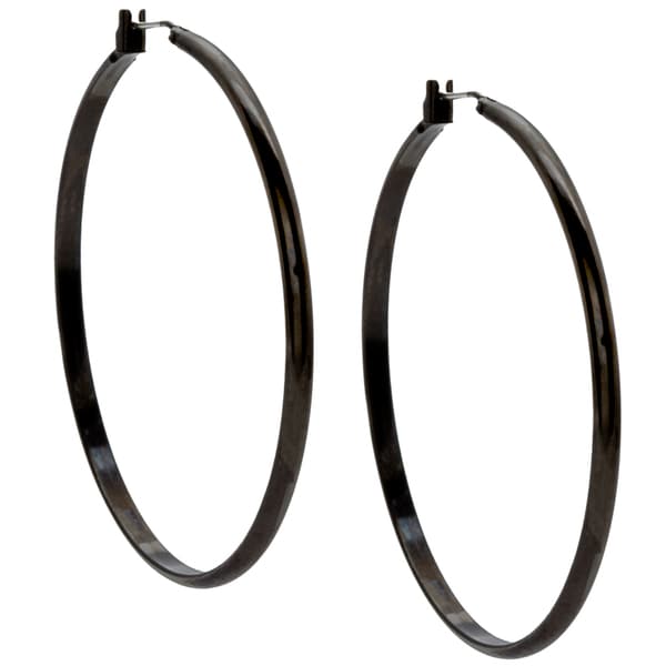 Alexa Starr Silvertone and Black Enamel Round Hoop Earrings