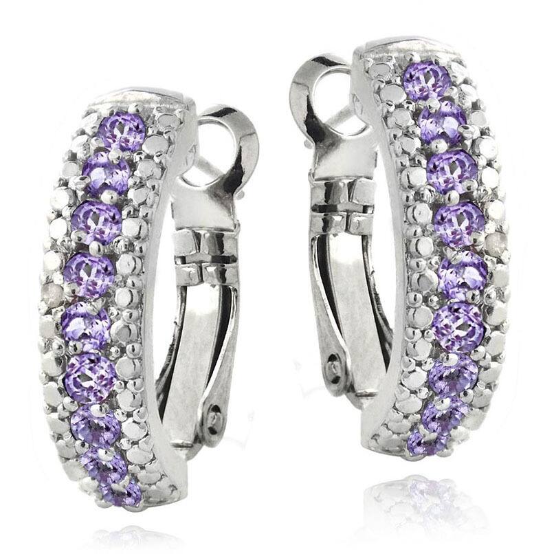 Glitzy Rocks Silvertone Gemstone and Diamond Accent Half Hoop Earrings
