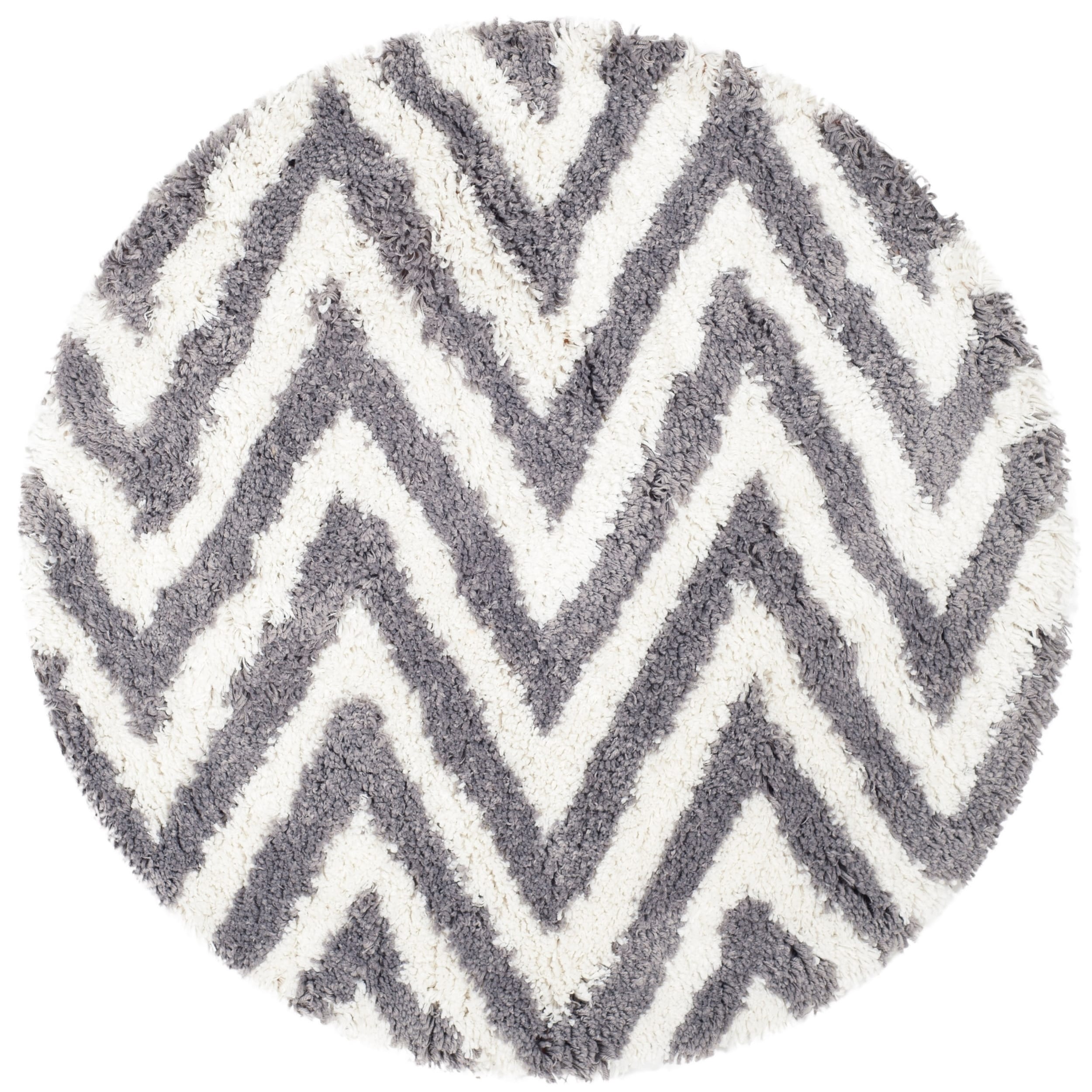 Hand made Chevron Ivory/ Grey Shag Rug (4 Round)