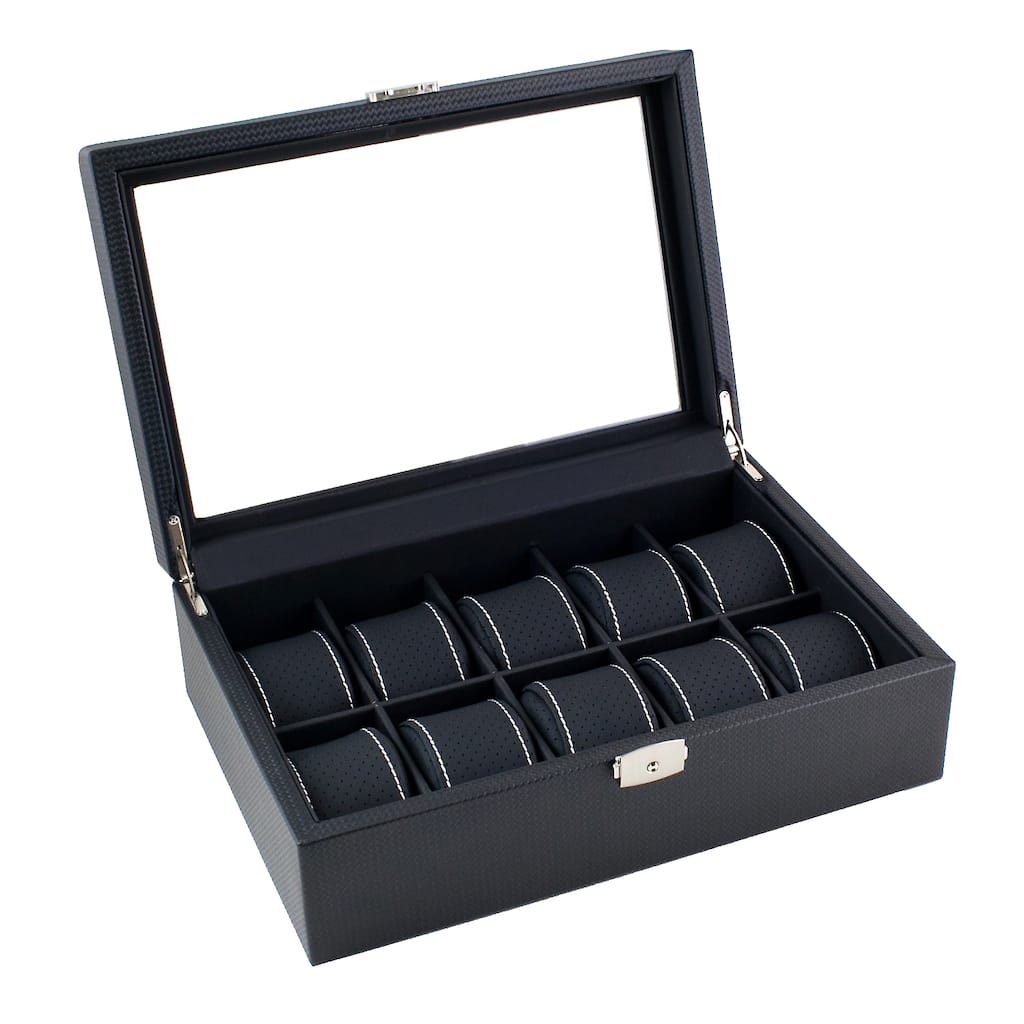 Caddy Bay Collection Black Carbon Fiber Pattern White Stitching Watch Box Display Case