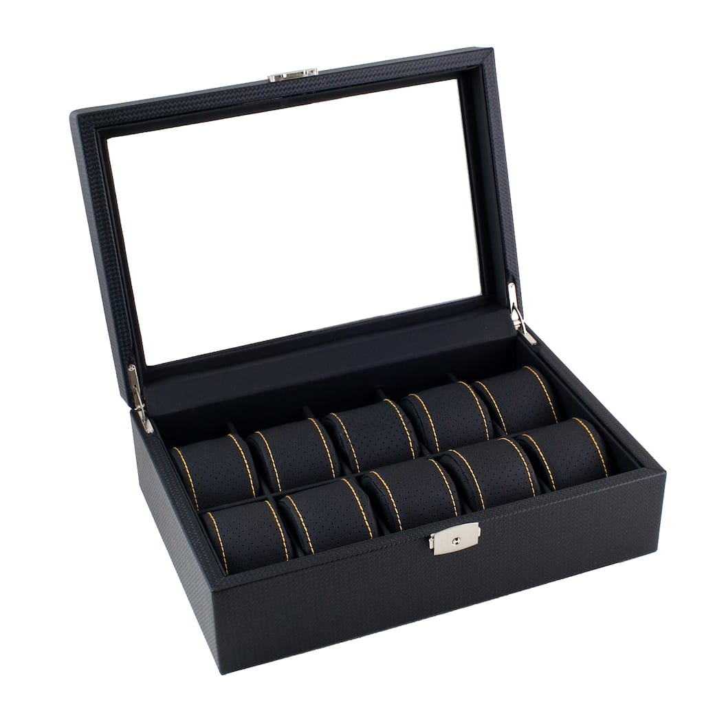 Caddy Bay Collection Black Carbon Fiber Pattern Yellow Stitching Watch Box Display Case