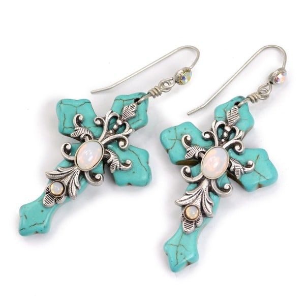 Sweet Romance Turquoise and Opal Cross Earrings