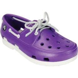 purple and white crocs