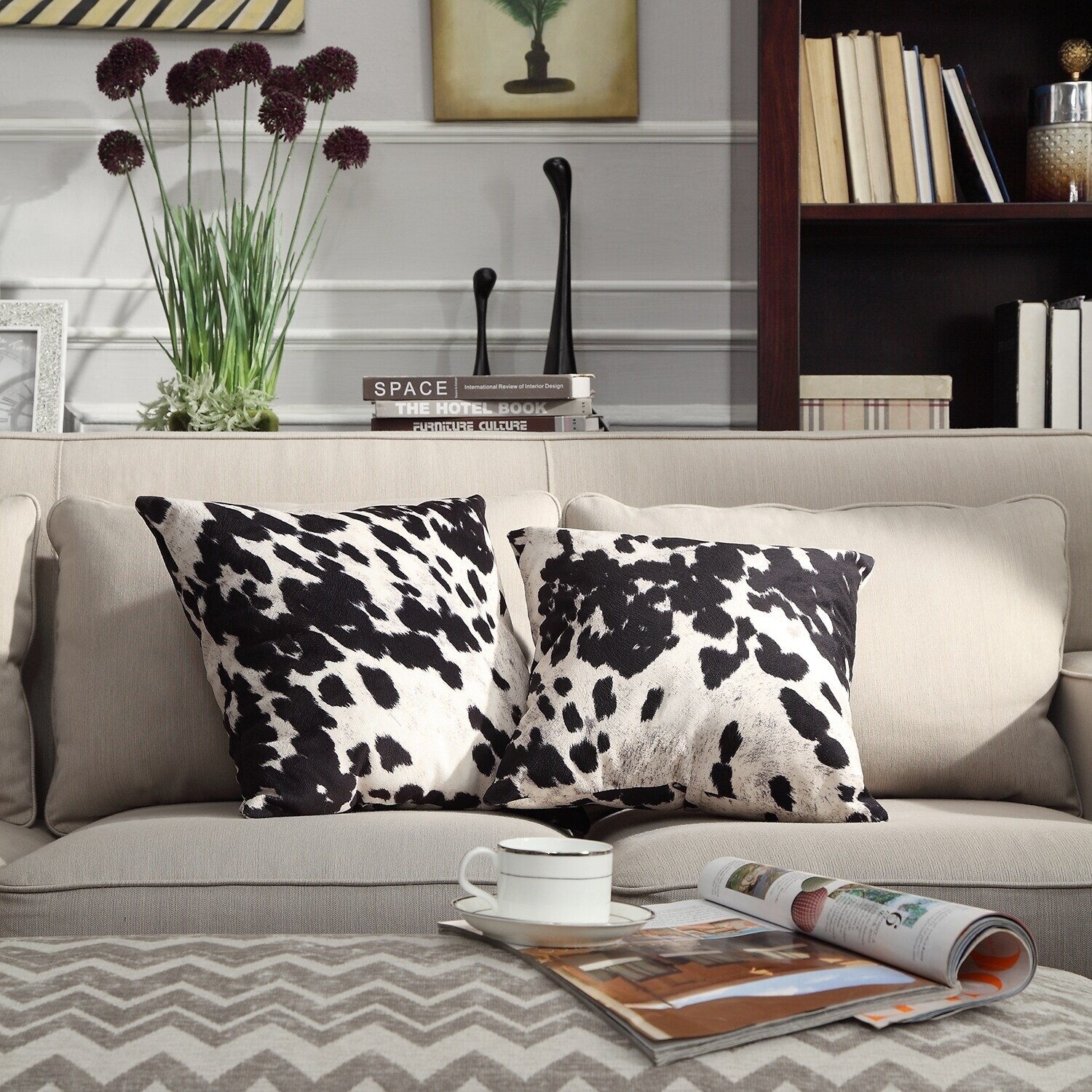 Shop Black And White Faux Cow Hide Print Decorative Pillows Set