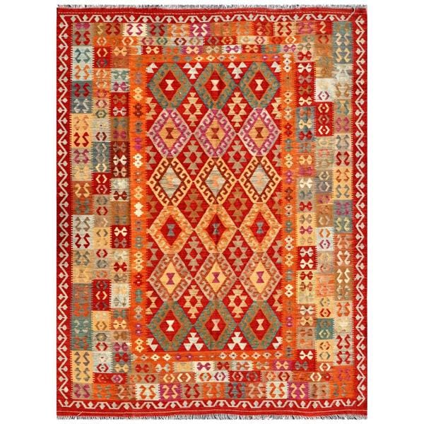 Afghan Hand knotted Mimana Kilim Red/ Orange Wool Rug (7'10 x 10'1) 7x9   10x14 Rugs