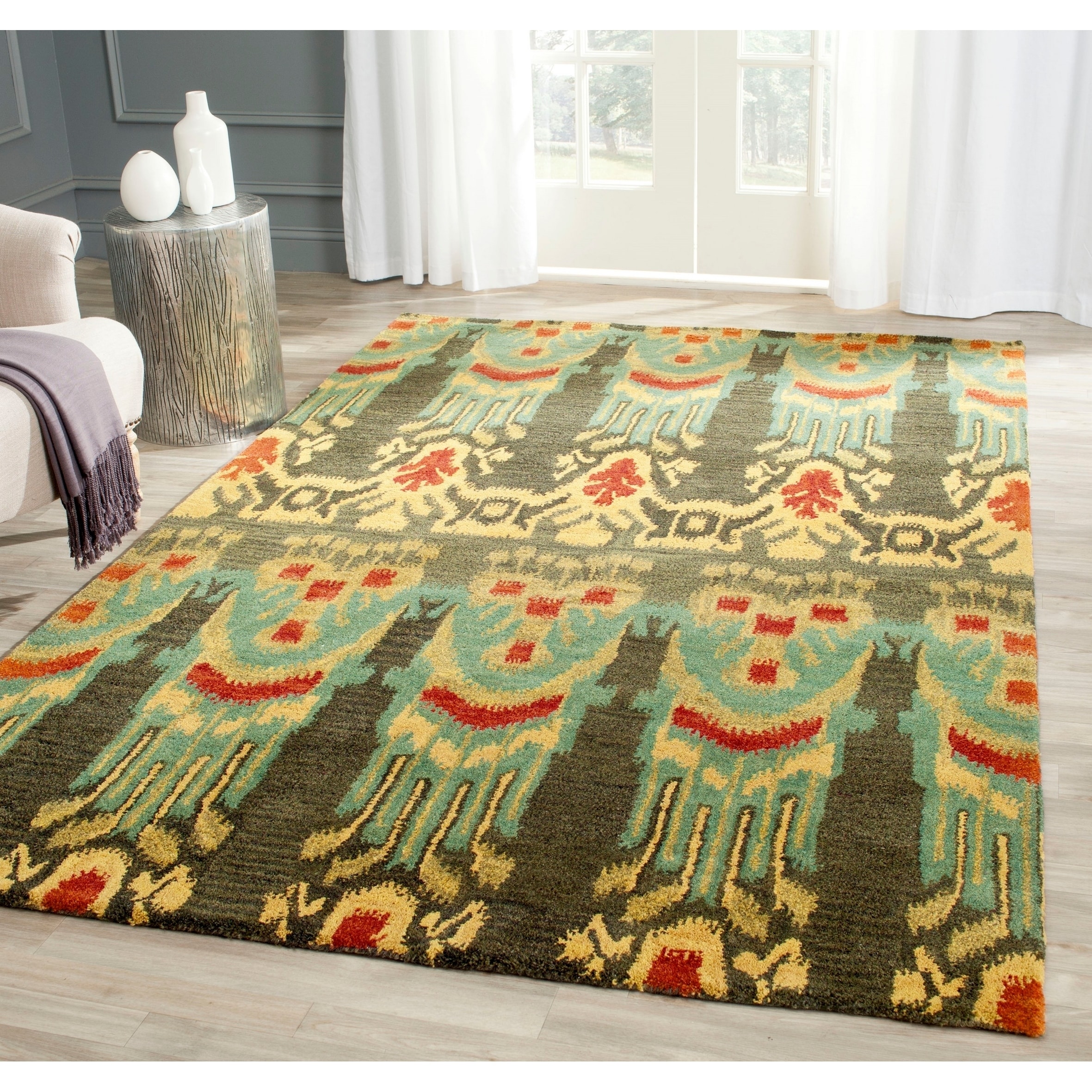 Safavieh Hand made Ikat Olive/ Gold Wool Rug (6 X 9)