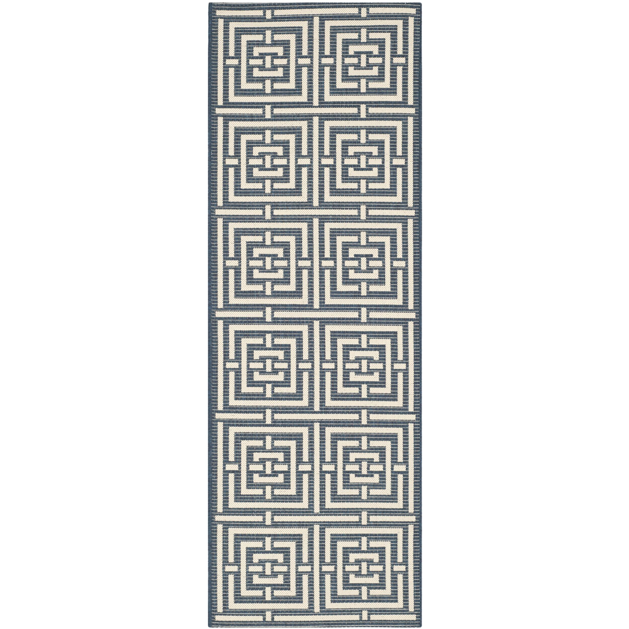 Safavieh Geometric Indoor/outdoor Courtyard Navy/beige Runner Rug (23 X 10)