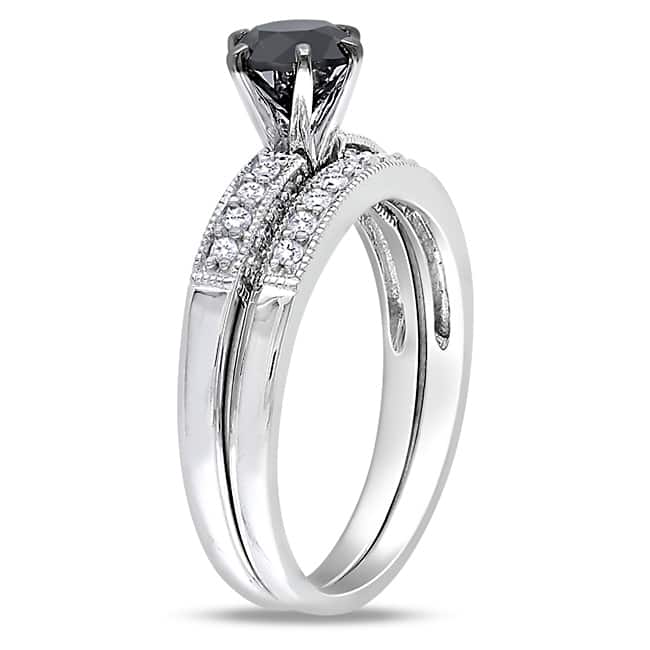 Miadora 10k White Gold 1 1/3ct TDW Black and White Diamond Bridal Ring Set