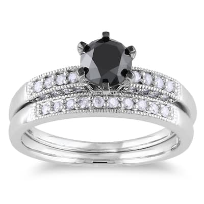 Miadora 10k White Gold 1 1/3ct TDW Black and White Diamond Bridal Ring Set