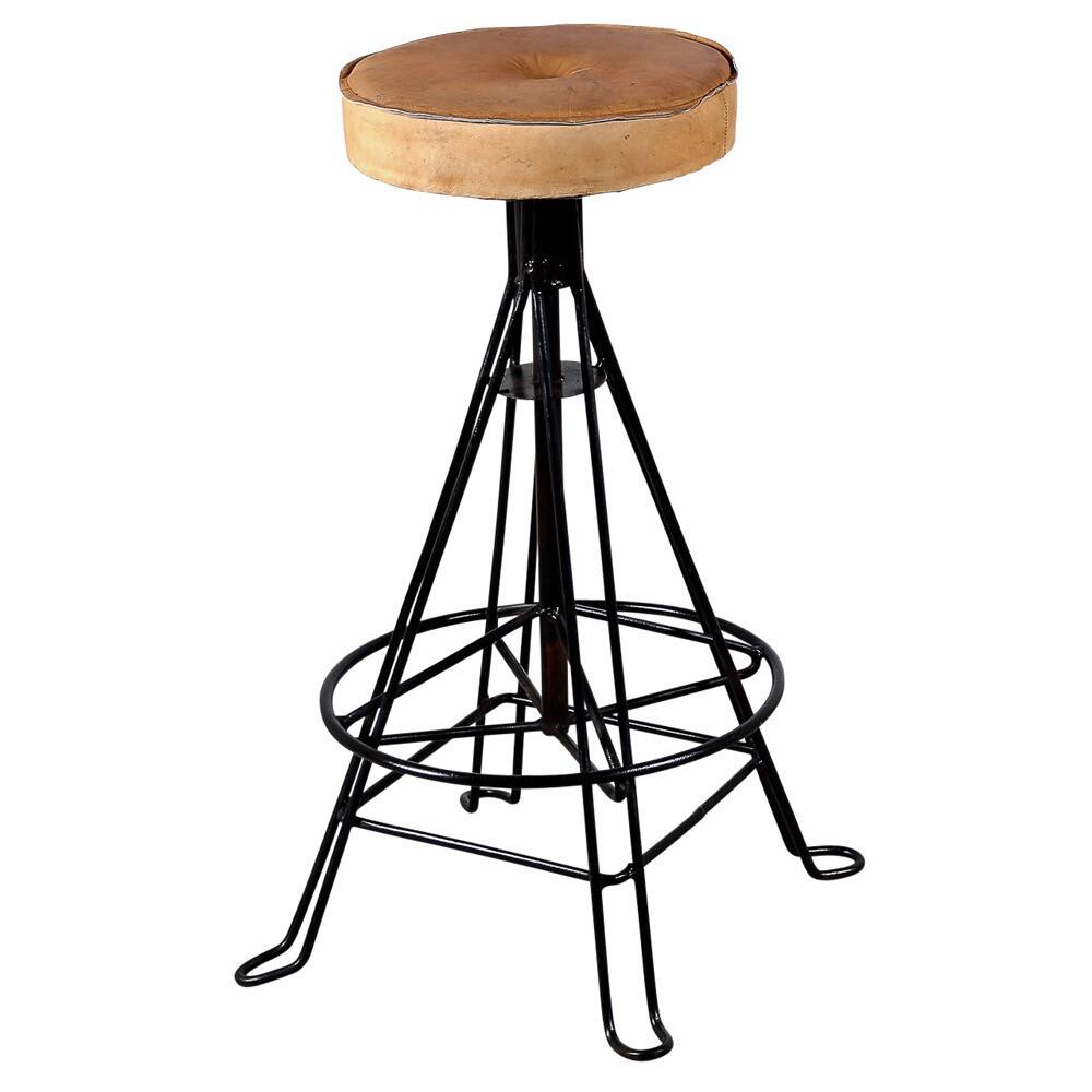 Handmade Duncan Black Iron Leather Cushion Barstool (India)