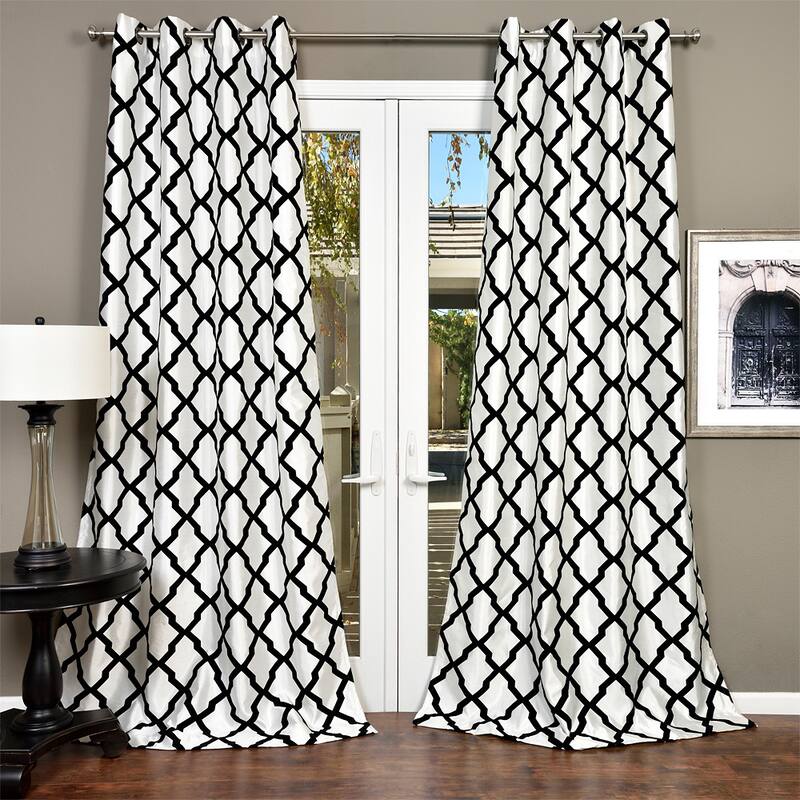 Lambrequin Trellis Bold Flocked Curtain Panel - 96 Inches - Black/White