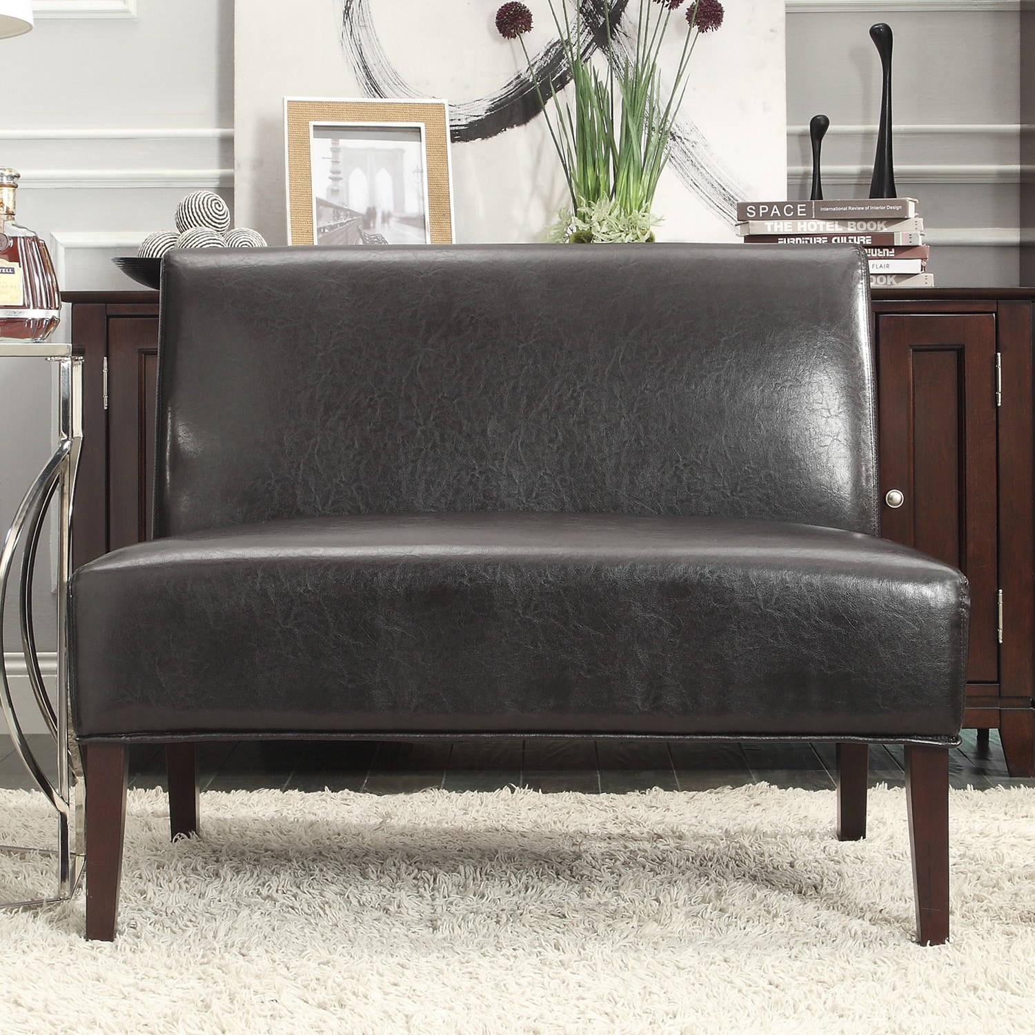 Inspire Q Wicker Dark Brown Faux Leather 2 seater Accent Loveseat