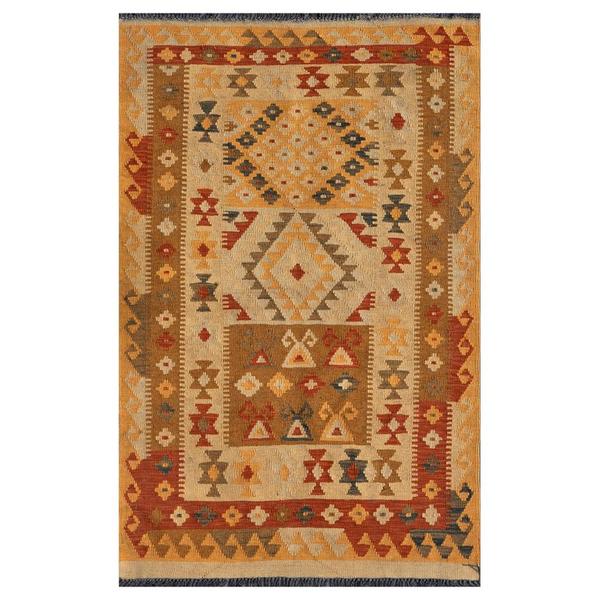 Afghan Hand knotted Mimana Kilim Ivory/ Brown Wool Rug (34 x 411)