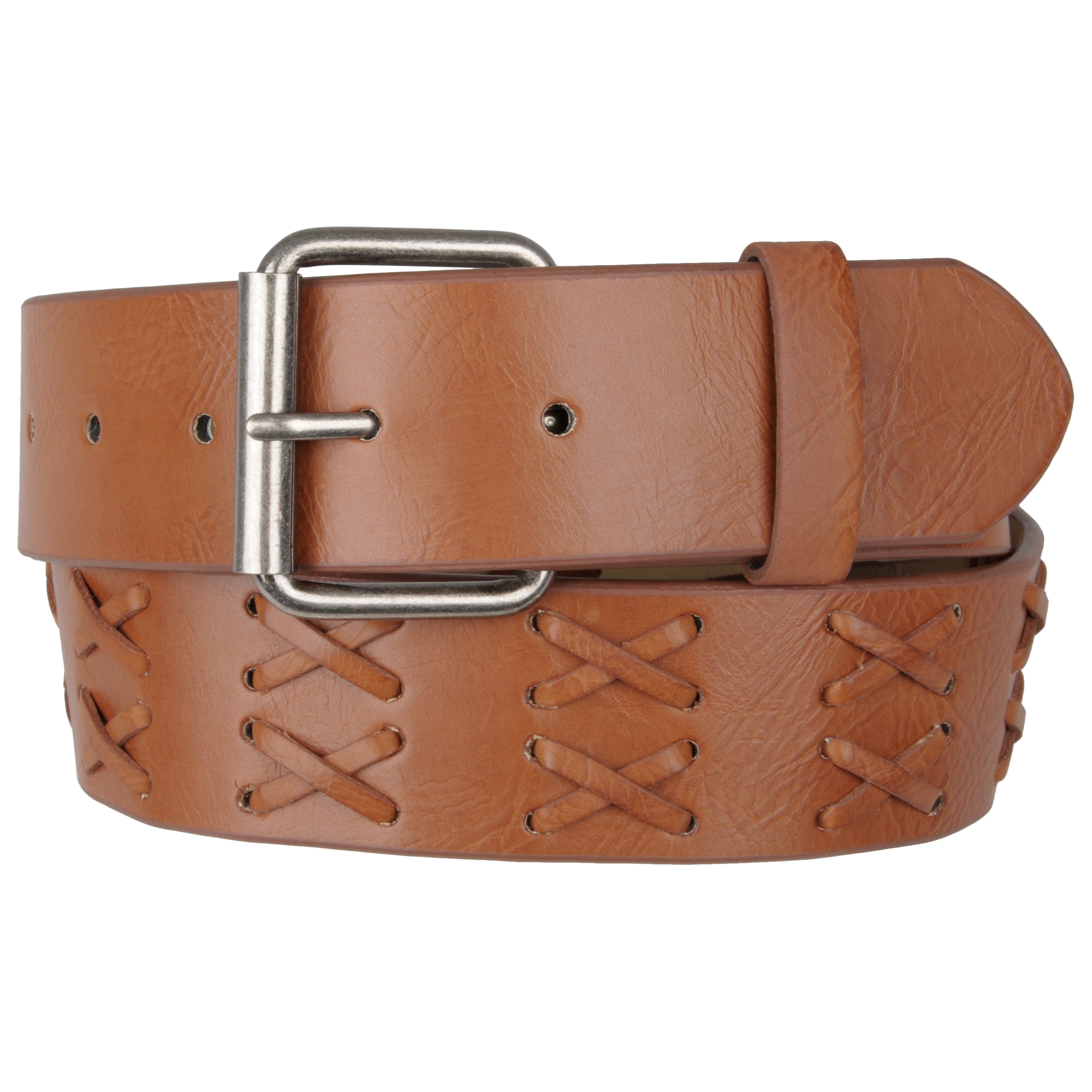 Journee Collection Womens Casual Lacing Pattern Belt (Faux leather, base metal Closure Single prong buckleHardware Polished silvertone buckle Available sizes Small, med, large Approximate width 1.5 inchesApproximate length 33 inches Measurement taken