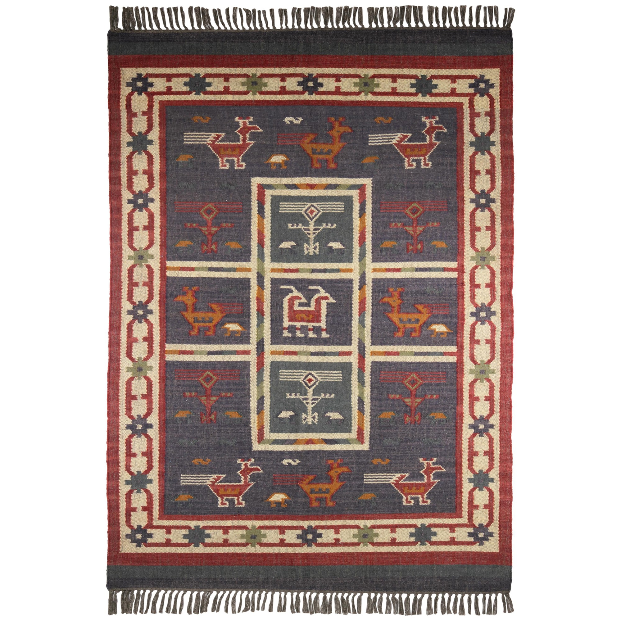 Hand woven Blue Tribal Print Wool And Jute Rug (10 X 14)