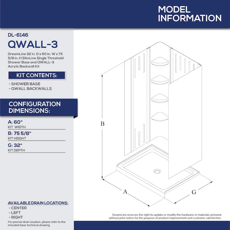 DreamLine 32 in. D x 60 in. W x 75 5/8 in. H Single Threshold Shower Base and Acrylic Backwall Kit - 32" x 60"