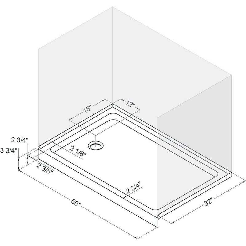 DreamLine 32 in. D x 60 in. W x 75 5/8 in. H Single Threshold Shower Base and Acrylic Backwall Kit - 32" x 60"