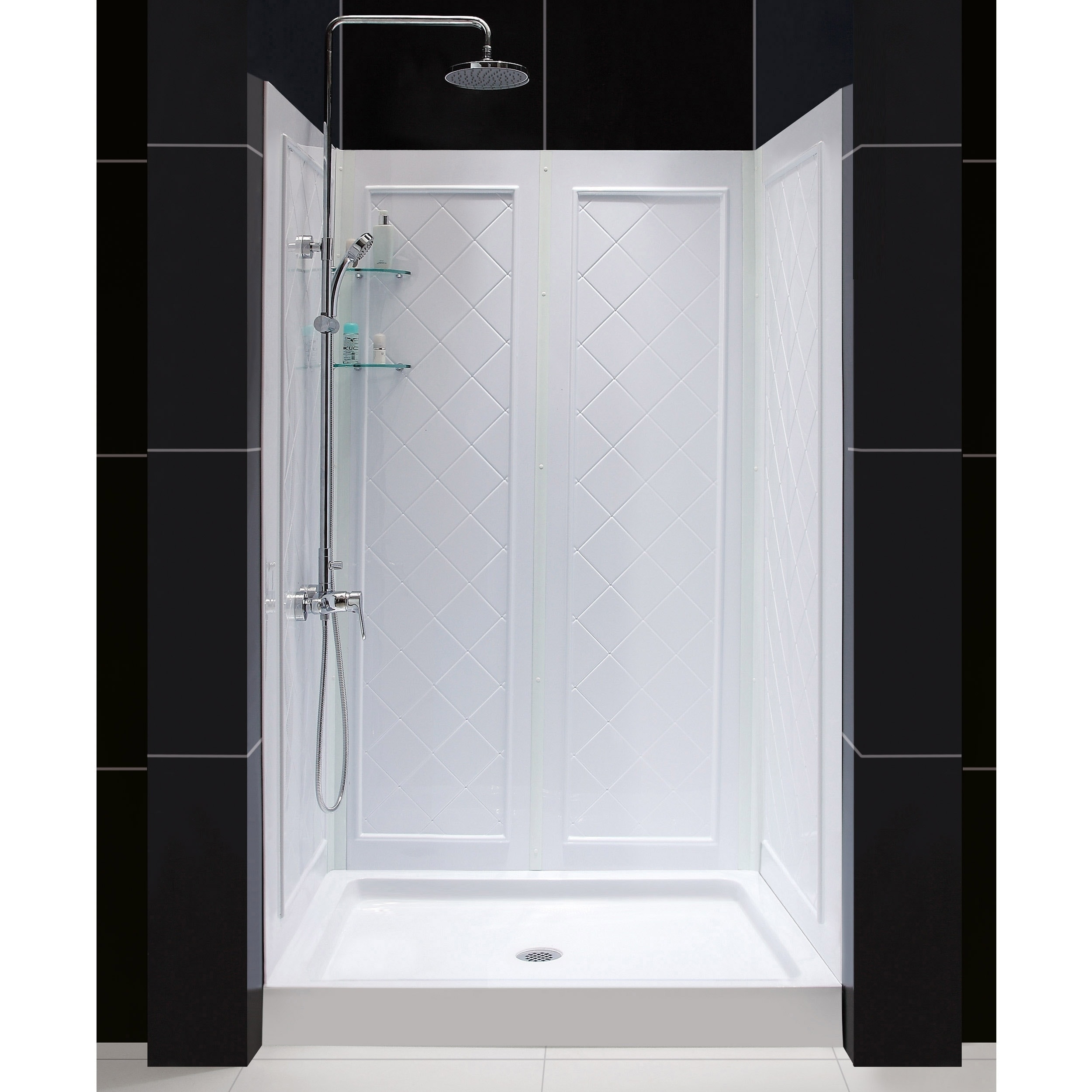 Dreamline 36 In D X 48 W 76 3 4 H Slimline Single H Slimline Single Threshold Shower Base And Qwall 5 Acrylic Backwall Kit Free Shipping Today 8084088