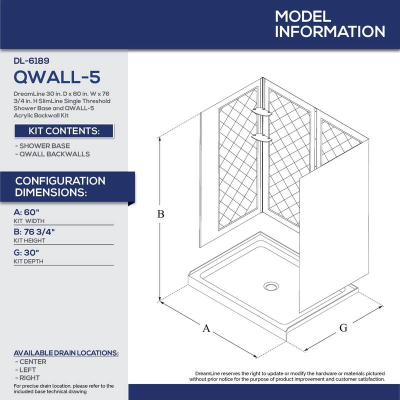 DreamLine 30 in. D x 60 in. W x 76 3/4 in. H Single Threshold Shower Base and Acrylic Backwall Kit - 30" x 60"