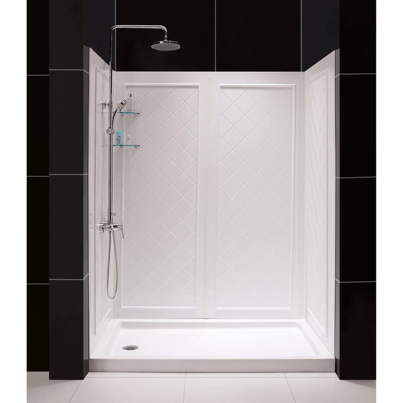 DreamLine 32 in. D x 60 in. W x 76 3/4 in. H Single Threshold Shower Base and Acrylic Backwall Kit - 32" x 60" - 32" x 60" - Left