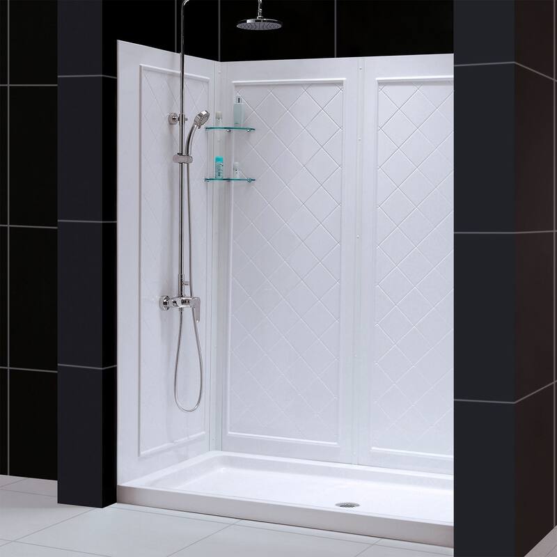 DreamLine 32 in. D x 60 in. W x 76 3/4 in. H Single Threshold Shower Base and Acrylic Backwall Kit - 32" x 60" - 32" x 60" - Center