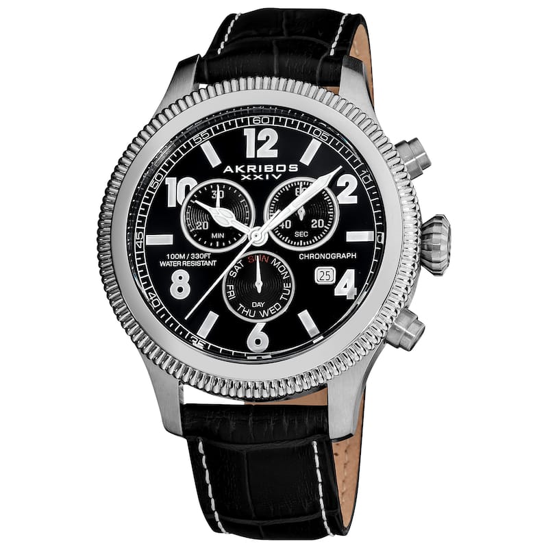 Akribos XXIV Men's Multifunction Chronograph Leather-Strap Watch with Black Dial