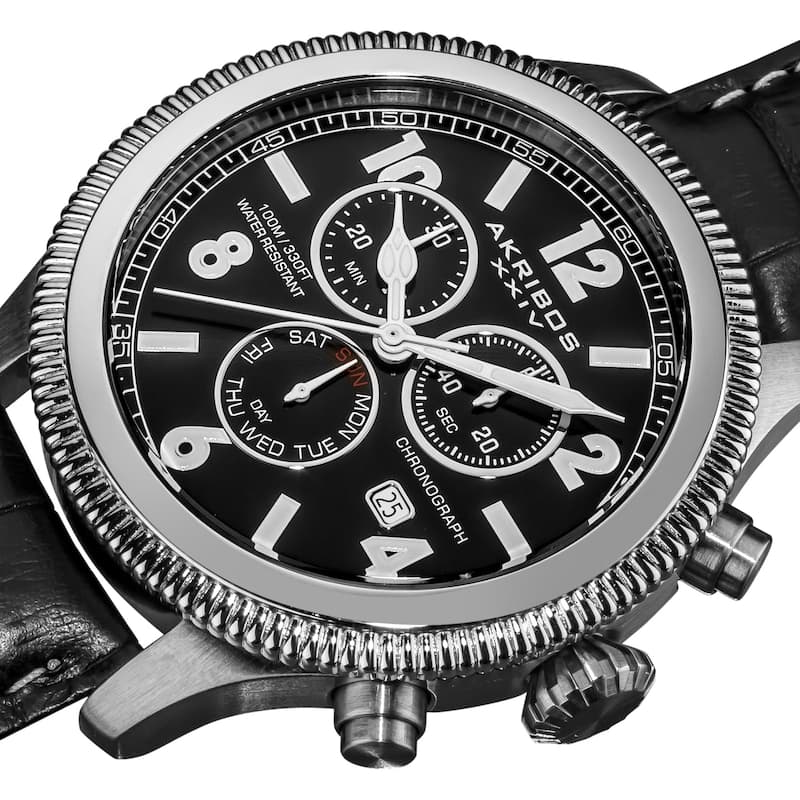 Akribos XXIV Men's Multifunction Chronograph Leather-Strap Watch with Black Dial