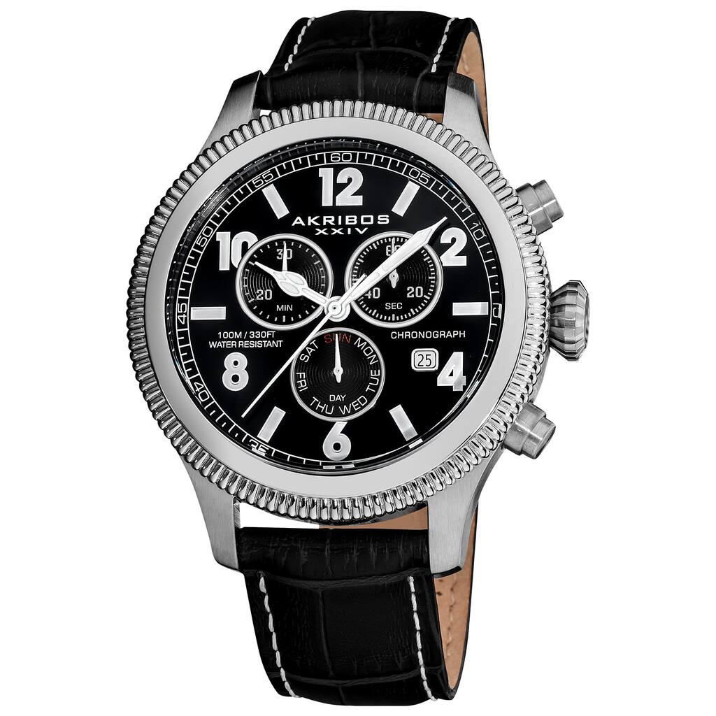 Akribos XXIV Men's Multifunction Chronograph Leather-Strap Watch with Black Dial