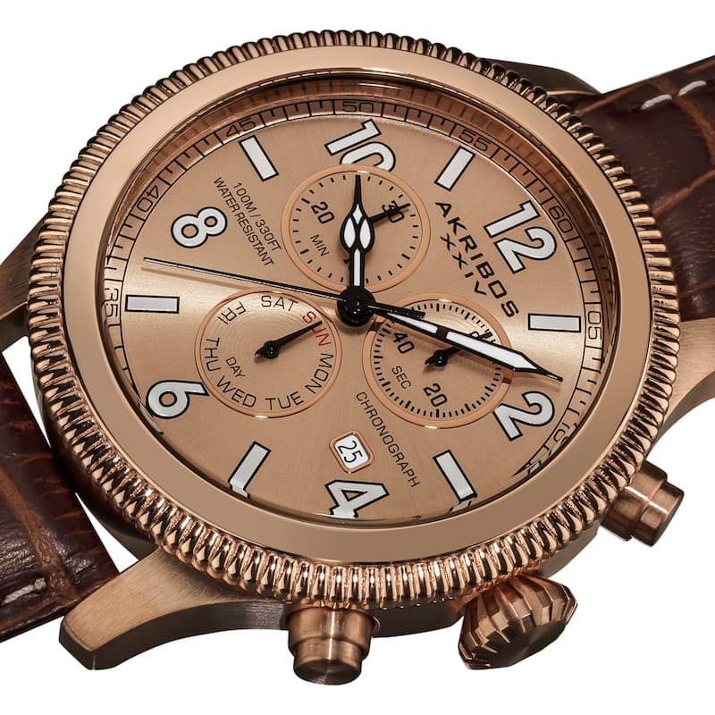 Akribos XXIV Men's Multifunction Chronograph Leather Brown Strap Watch - White