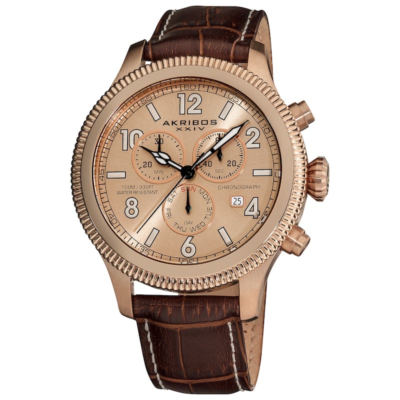 Akribos XXIV Men's Multifunction Chronograph Leather Brown Strap Watch - White