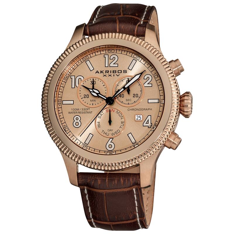 Akribos XXIV Men's Multifunction Chronograph Leather Brown Strap Watch - White