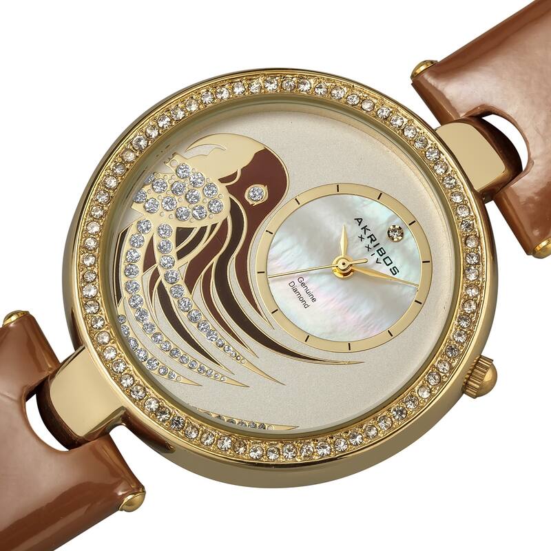 Akribos XXIV Ladies Parrot Dial Leather Brown Strap Watch - WHITE