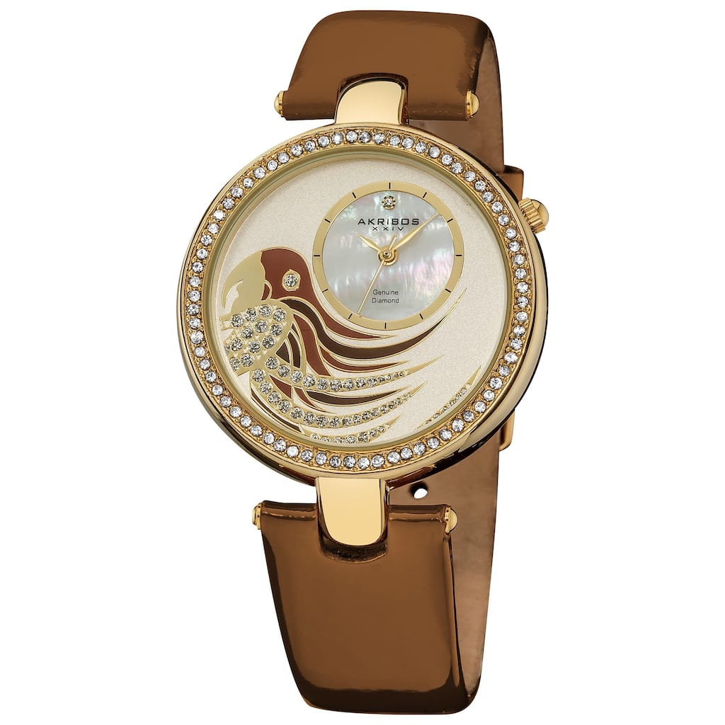 Akribos XXIV Ladies Parrot Dial Leather Brown Strap Watch - WHITE
