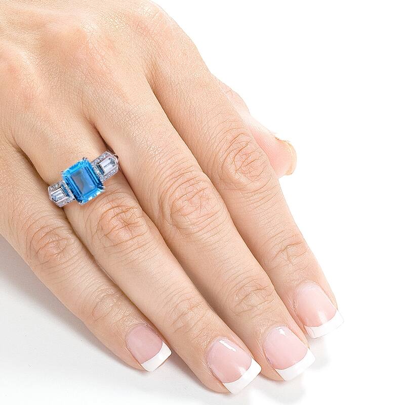 Annello by Kobelli 14k White Gold 4 1/2ct TGW Emerald-cut Blue Topaz and Bullet-cut Diamond Art Deco Ring