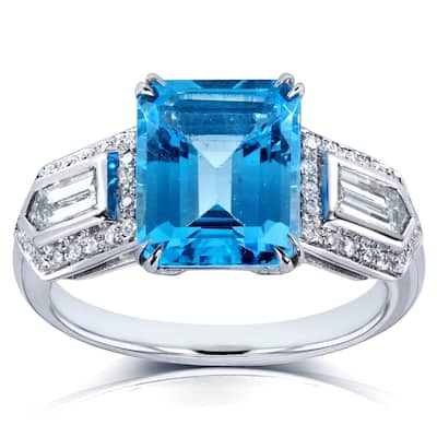 Annello by Kobelli 14k White Gold 4 1/2ct TGW Emerald-cut Blue Topaz and Bullet-cut Diamond Art Deco Ring