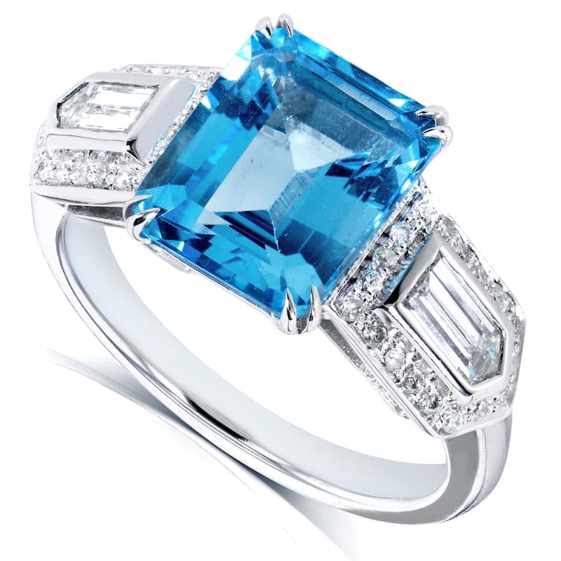 Annello by Kobelli 14k White Gold 4 1/2ct TGW Emerald-cut Blue Topaz and Bullet-cut Diamond Art Deco Ring