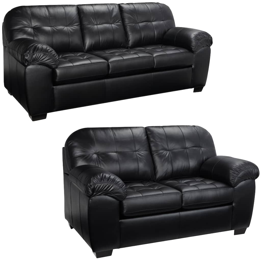 Emma Black Italian Leather Sofa and Loveseat Set - 38 x 88.5 x 37.5