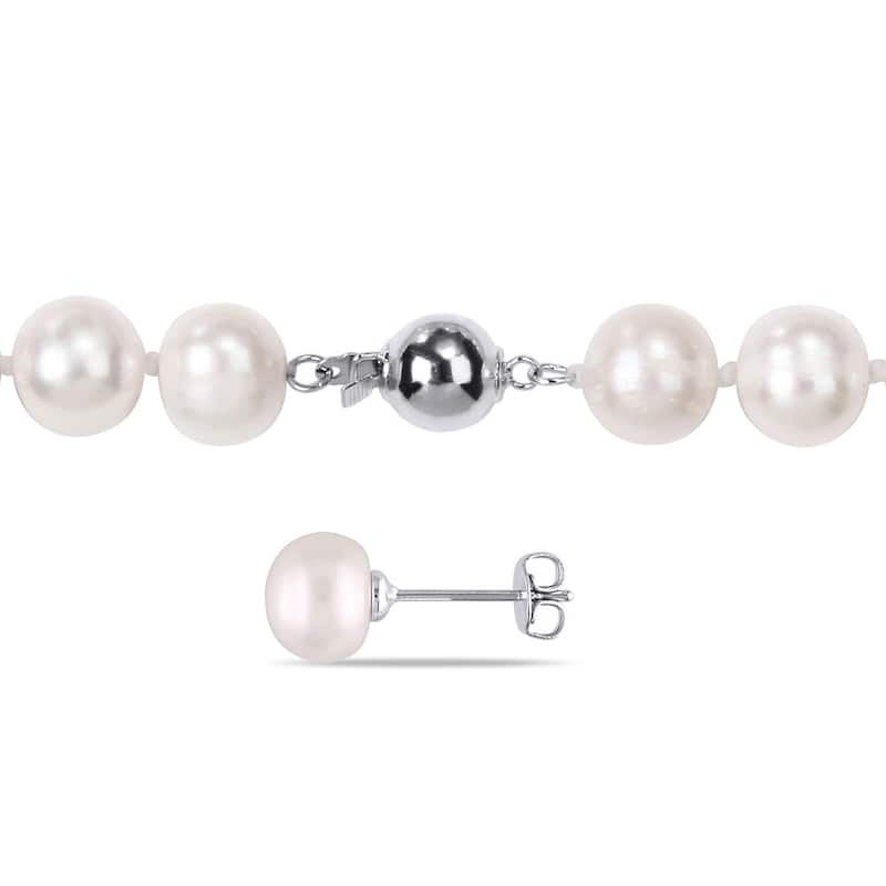 Miadora Silvertone Cultured Freshwater Pearl Necklace and Stud Earrings Two-Piece Set (8-10mm)