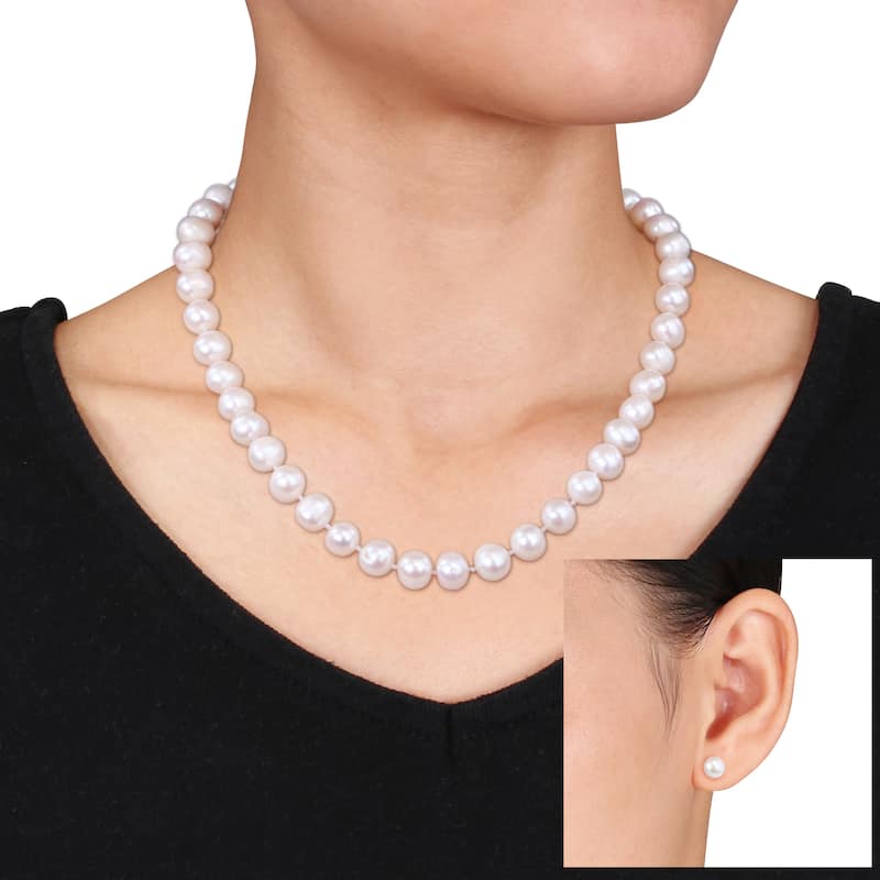 Miadora Silvertone Cultured Freshwater Pearl Necklace and Stud Earrings Two-Piece Set (8-10mm)
