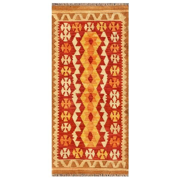 Afghan Hand knotted Mimana Kilim Red/ Yellow Wool Rug (2'1 x 4'6) Runner Rugs