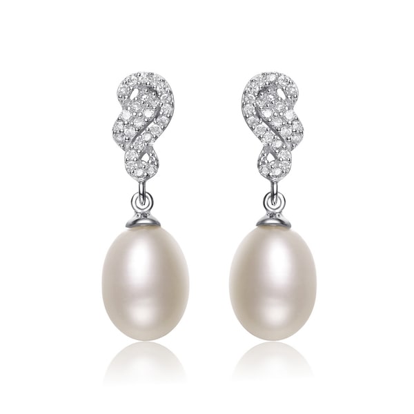 Collette Z Silver White Freshwater Pearl Cubic Zirconia Earrings (8-10.5 mm). Opens flyout.