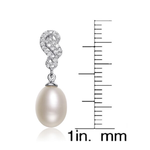 Collette Z Silver White Freshwater Pearl Cubic Zirconia Earrings (8-10.5 mm)