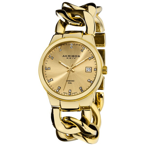Akribos XXIV Women's Swiss Quartz Diamond Twist Chain Gold-Tone Bracelet Watch - black