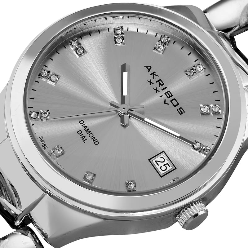 Akribos XXIV Women's Swiss Quartz Diamond Twist Chain Bracelet Silvertone Watch - black/silver