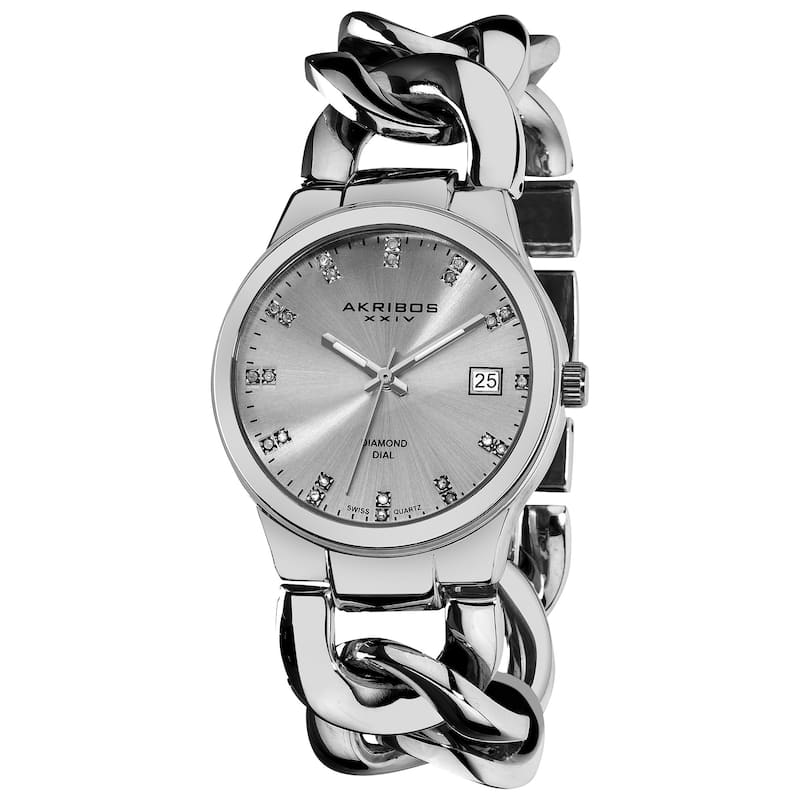 Akribos XXIV Women's Swiss Quartz Diamond Twist Chain Bracelet Silvertone Watch - black/silver