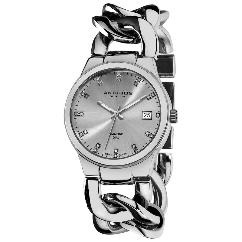 Akribos XXIV Women's Swiss Quartz Diamond Twist Chain Bracelet Silvertone Watch - black/silver