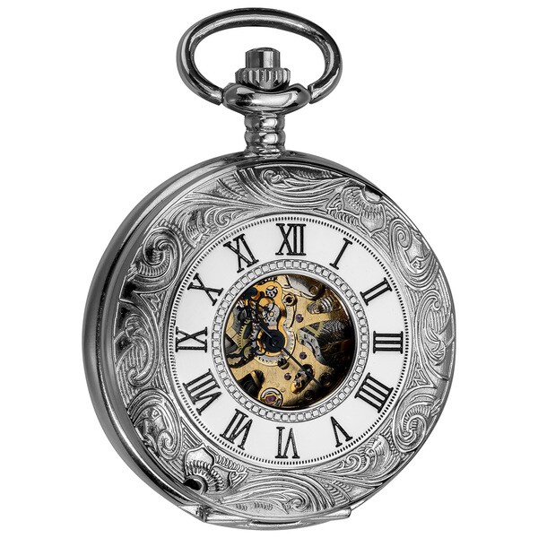 Akribos XXIV Men's Antique Mechanical Skeleton Chain Pocket Silver-Tone Watch - WHITE/black